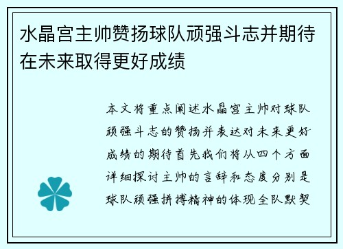 水晶宫主帅赞扬球队顽强斗志并期待在未来取得更好成绩