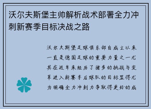 沃尔夫斯堡主帅解析战术部署全力冲刺新赛季目标决战之路