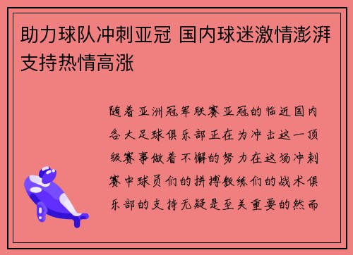 助力球队冲刺亚冠 国内球迷激情澎湃支持热情高涨