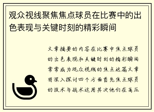 观众视线聚焦焦点球员在比赛中的出色表现与关键时刻的精彩瞬间